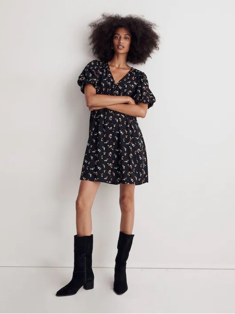 Madewell Black Floral Puff Sleeve Smocked Waist Mini Dress Small
